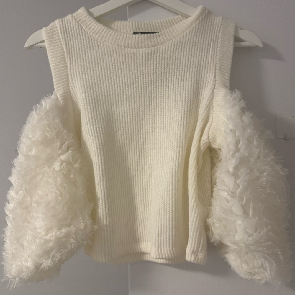 Zara Cream Off-the-Shoulder Sweater with Textured Sleeves